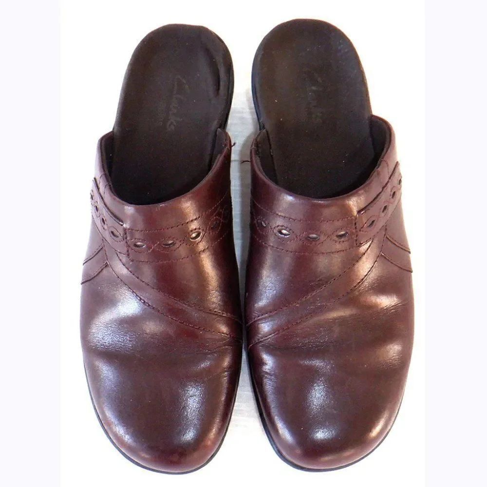 Clarks dk brown leather infinity mule slide